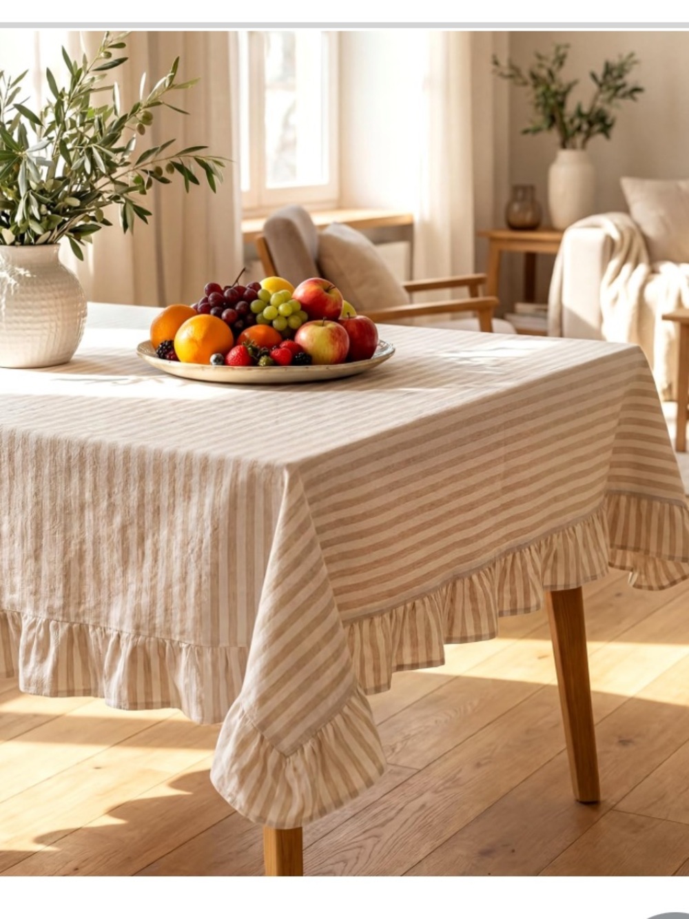 Farmhouse Ruffle Tablecloth 100% Cotton Rectangular 52x70” - BEIGE WHITE STRIPE